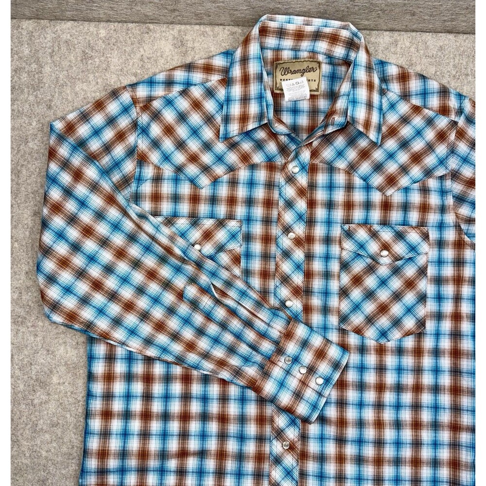Wrangler Men’s Medium Plaid Pearl Snap Long Sleeve Button Up Blue Brown